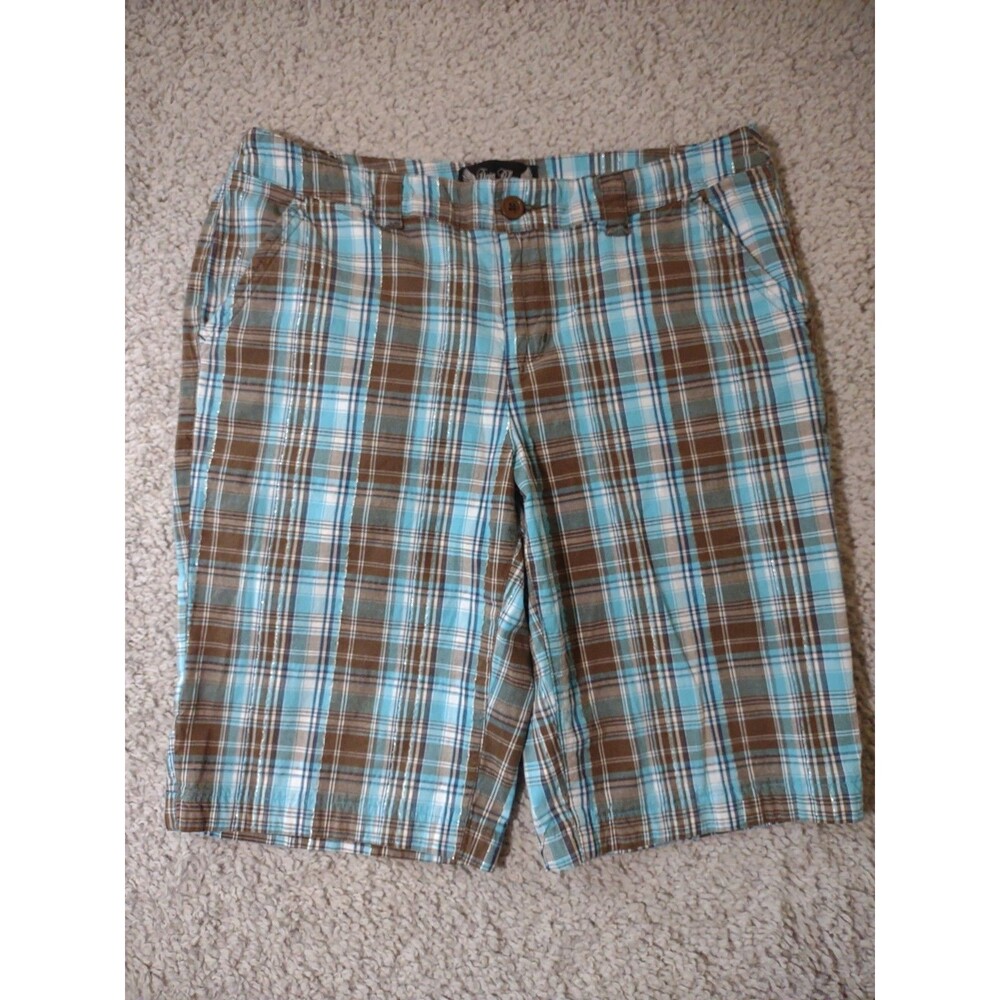 Deja Blue Bermuda Shorts Women Size 12 Teal Blue Plaid Cotton Spandex Glitter